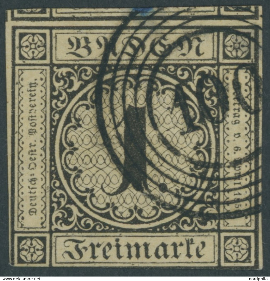 BADEN 1a O, 1851, 1 Kr. Schwarz Auf Sämisch, Nummernstempel 100, Unten Leicht Angeschnitten Sonst Voll-überrandig Pracht - Gebraucht