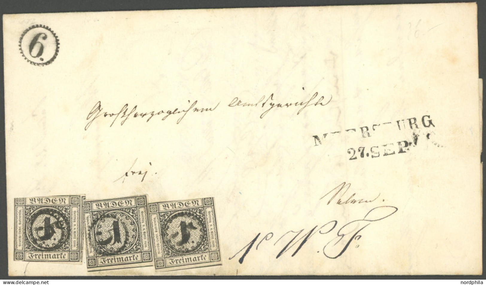 BADEN 5 BRIEF, 1859, 1 Kr. Schwarz, 3x Als Mehrfachfrankatur Mit Uhrradstempel 5 Und Nebenstempel 6 Und L2 MEERSBURG Nac - Other & Unclassified