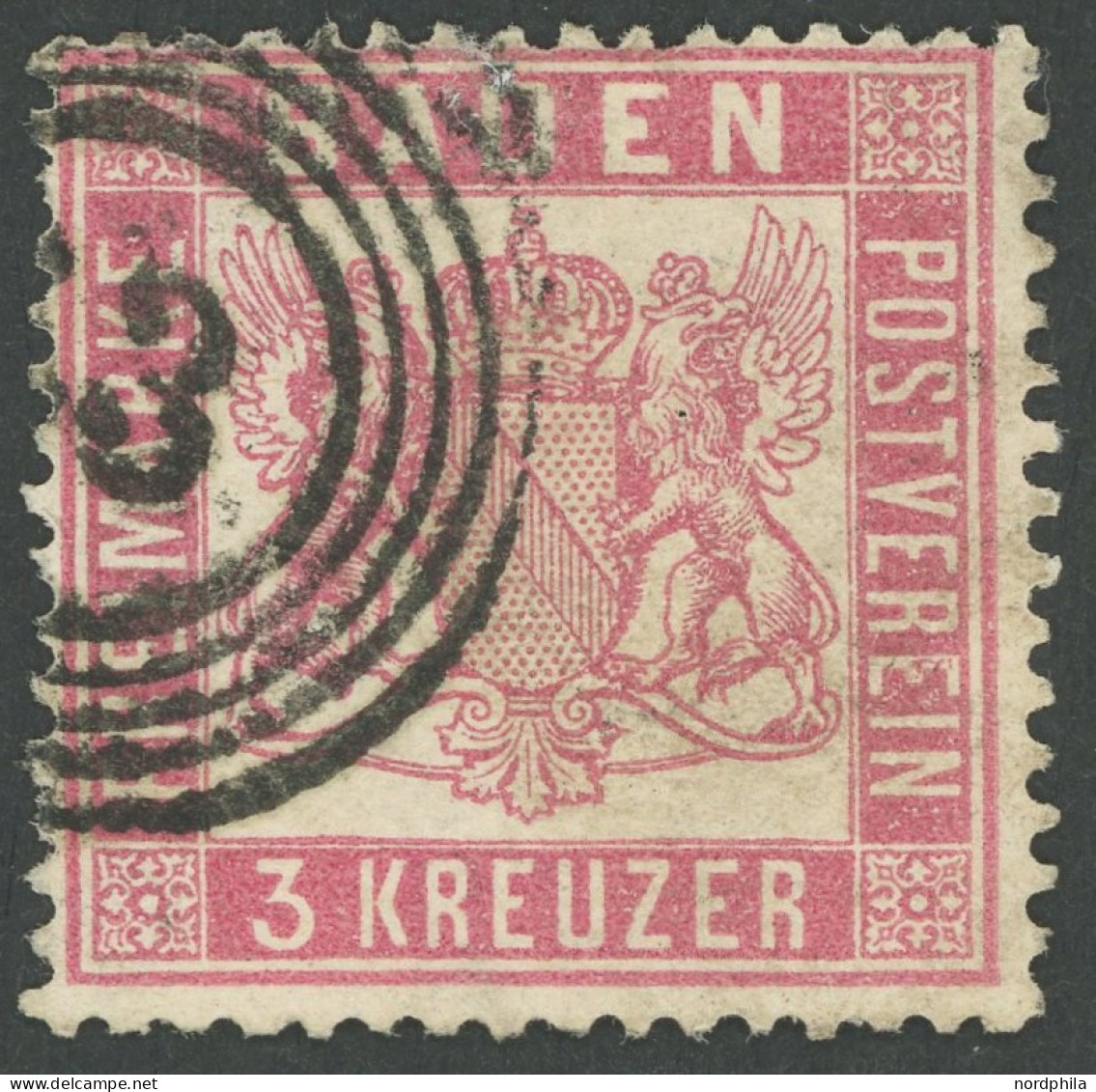 BADEN 16 O, 1862, 3 Kr. Rosakarmin, Pracht, Gepr. Bühler, Mi. 350.- - Sonstige & Ohne Zuordnung