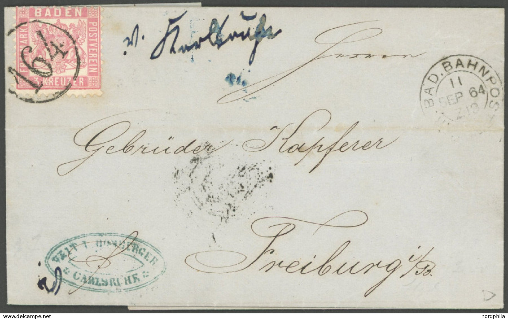 BADEN 18 BRIEF, 1864, 3 Kr. Hellrot Mit Erinnerungs-Nummernstempel 164 Auf Brief Von CARLSRUHE Nach Freiburg, Leichte Wa - Other & Unclassified