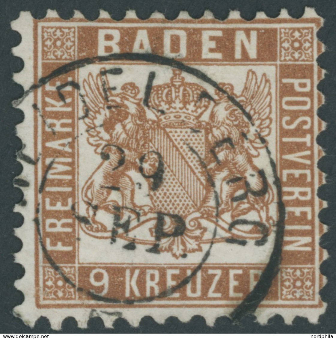 BADEN 20c O, 1866, 9 Kr. Dunkelbraun, Pracht, Gepr. Bühler, Mi. 600.- - Usati