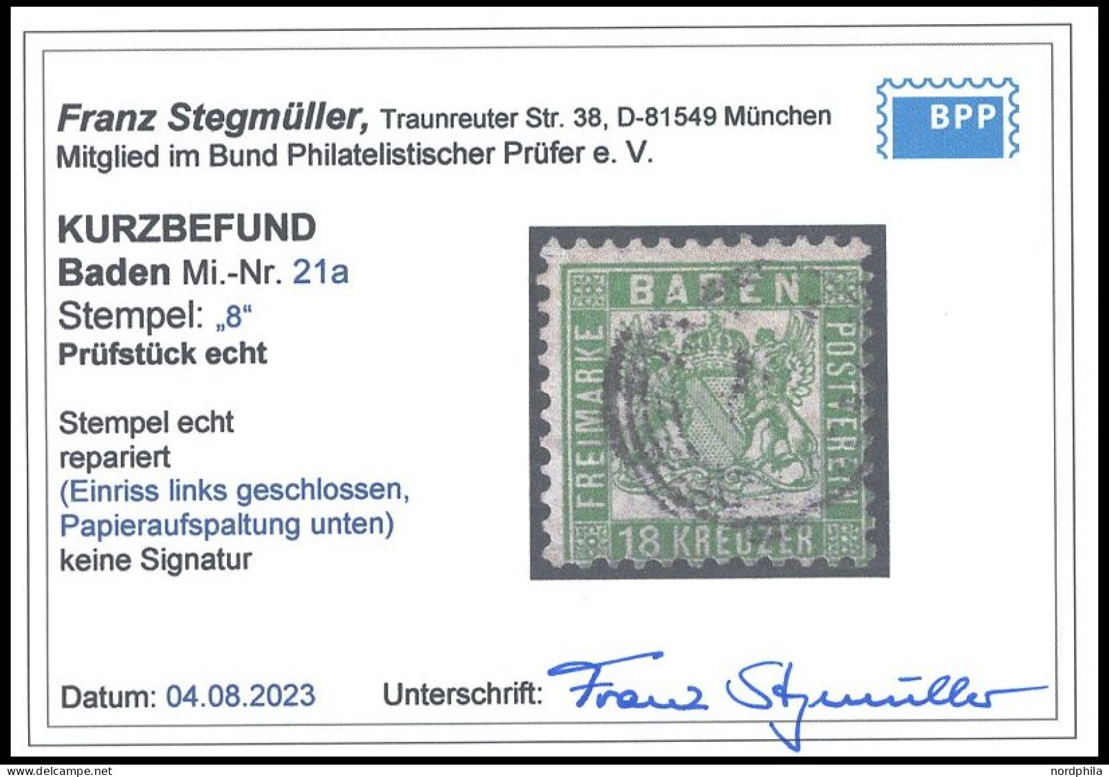 BADEN 21a O, 1862, 18 Kr. Grün, Einriss Links Geschlossen, Feinst, Kurzbefund Stegmüller, Mi. 700.- - Other & Unclassified