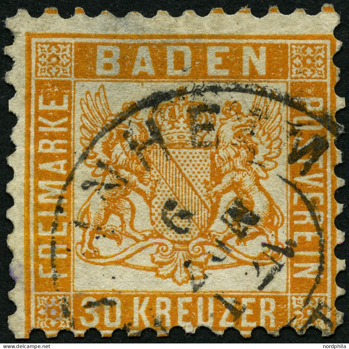 BADEN 22a O, 1862, 30 Kr. Lebhaftgelborange, Große Falzhelle Stelle, Feinst, Signiert H. Krause, Mi. 3200.- - Oblitérés