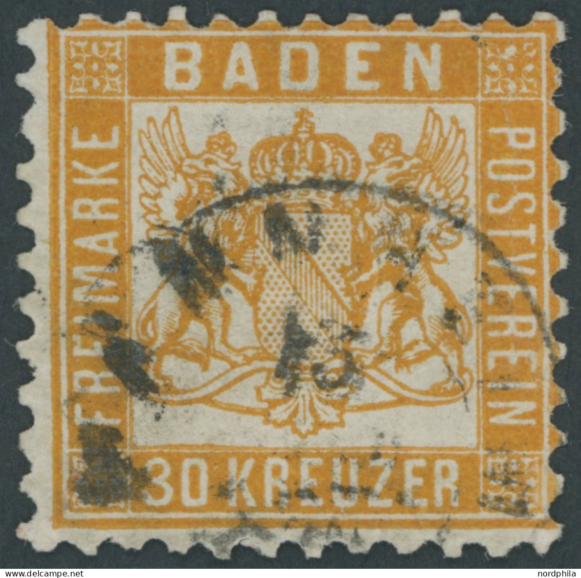 BADEN 22a O, 1862, 30 Kr. Lebhaftgelborange, Geprüft Brettl: Rechts Unten Leicht Repariert, Rechts Senkrechter Knick, Mi - Afgestempeld