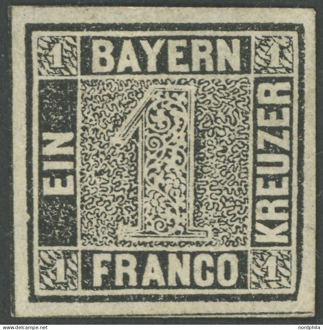 BAYERN 1Ia PF , 1849, 1 Kr. Schwarzgrau, Platte 1, Mit Plattenfehler Rechte Untere Ecke Abgeschrägt (Feld C21, Michel Ha - Sonstige & Ohne Zuordnung