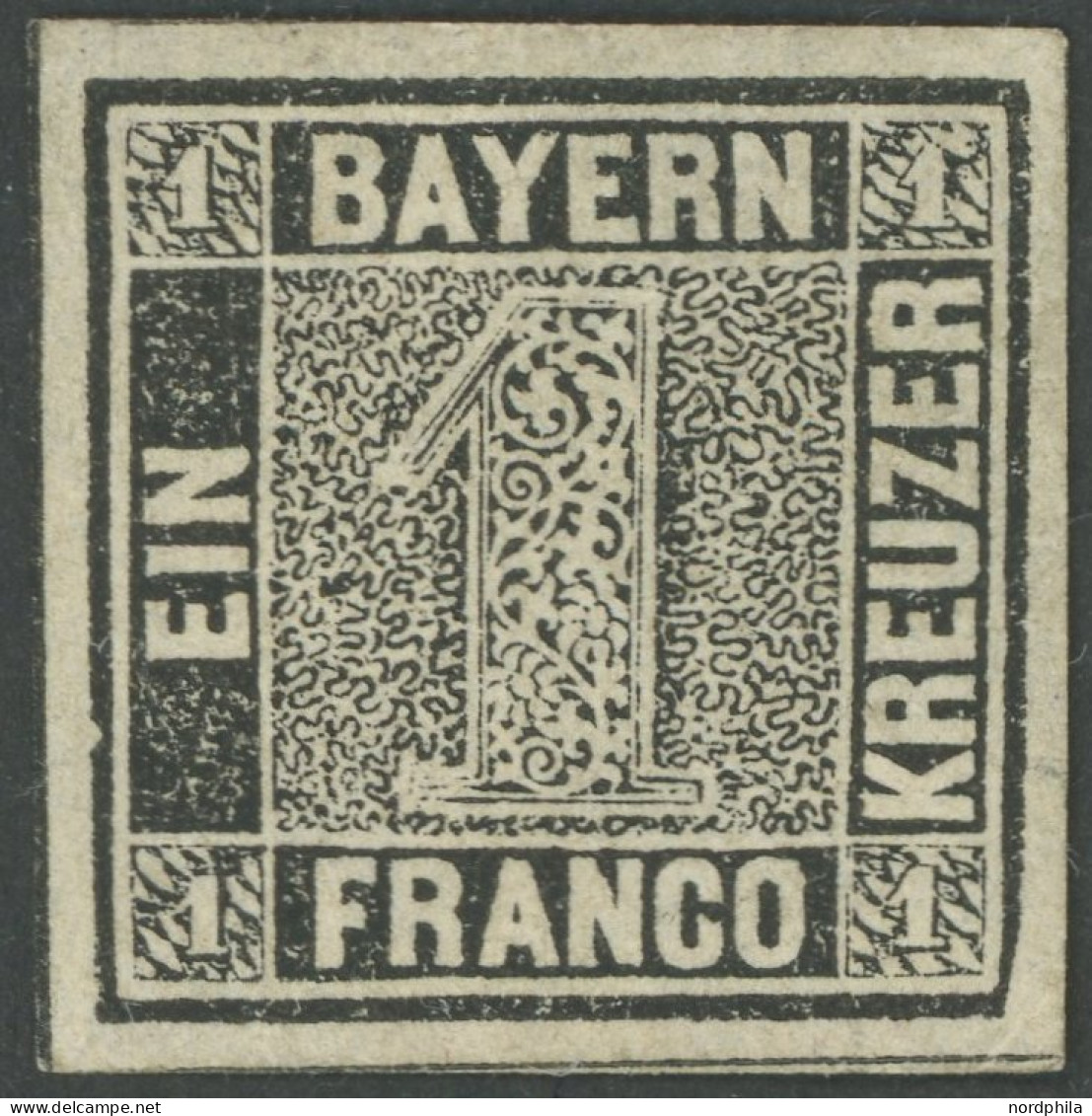 BAYERN 1Ia PF , 1849, 1 Kr. Schwarzgrau, Platte 1, Mit Plattenfehler Rechte Untere Ecke Abgeschrägt (Feld C21, Michel Ha - Other & Unclassified