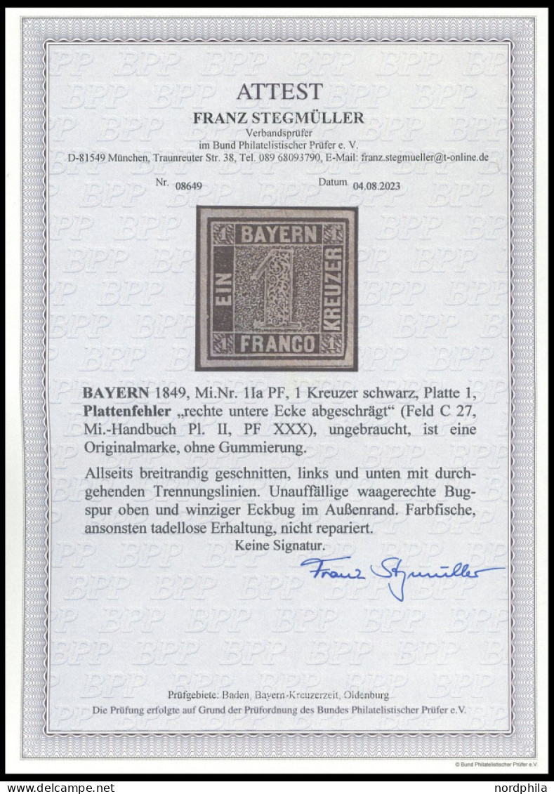 BAYERN 1Ia PF , 1849, 1 Kr. Schwarzgrau, Platte 1, Mit Plattenfehler Rechte Untere Ecke Abgeschrägt (Feld C21, Michel Ha - Other & Unclassified