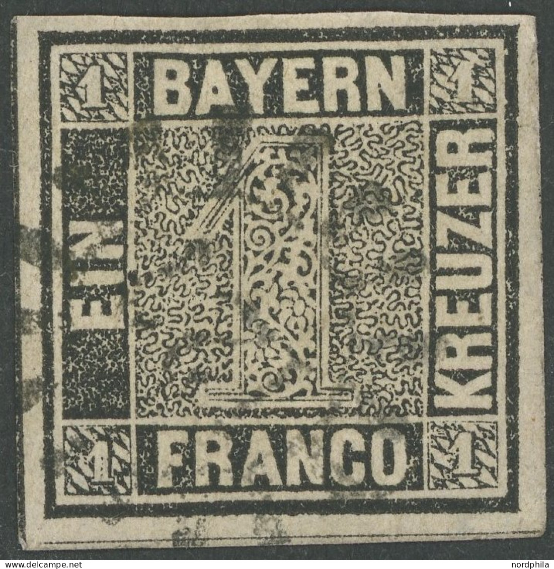 BAYERN 1Ia O, 1849, 1 Kr. Schwarz, Platte 1, Mühlradstempel 127, Minimale Knitterspuren Sonst Vollrandig, Pracht, Mehrfa - Andere & Zonder Classificatie