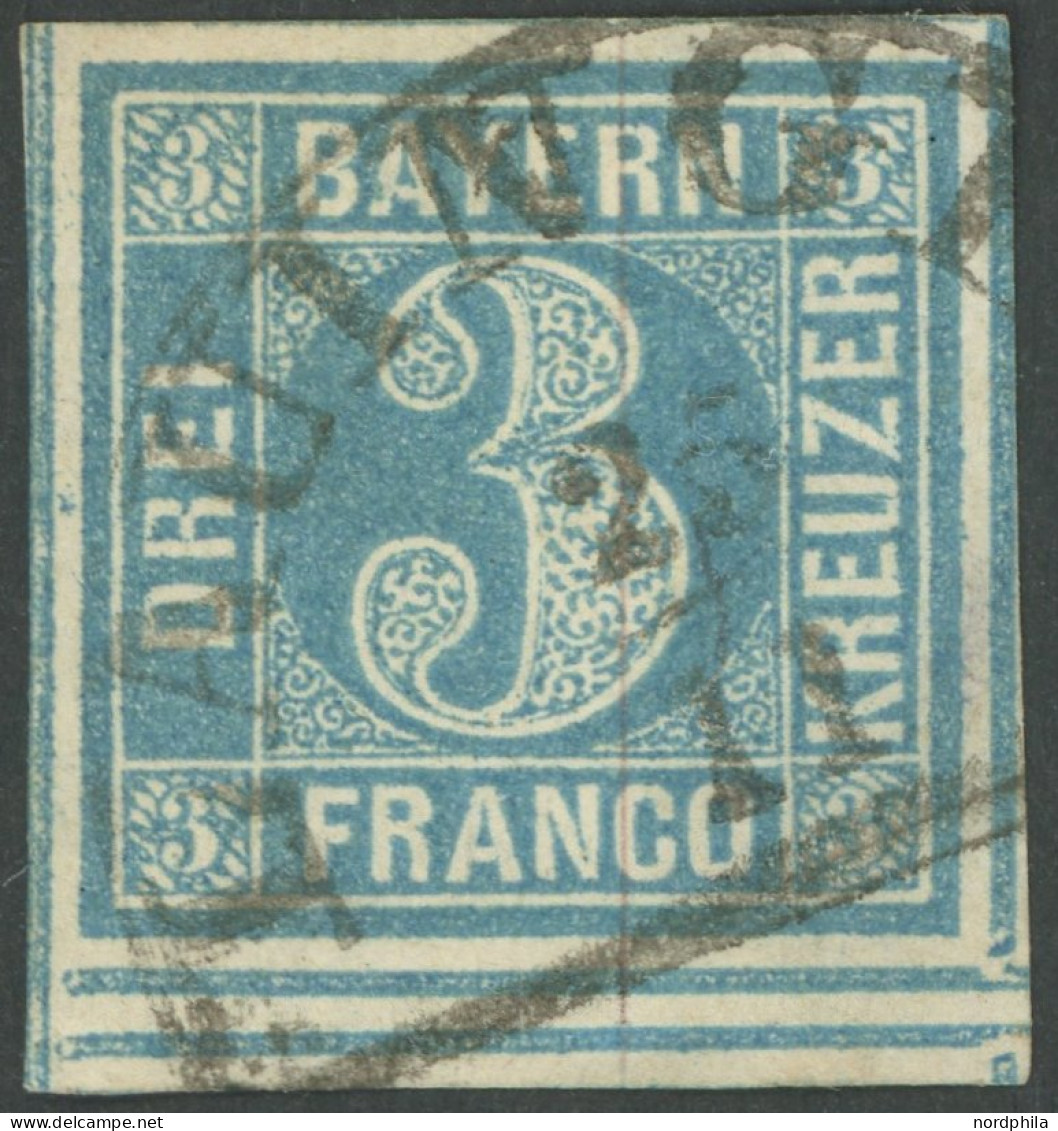 BAYERN 2IaIII O, 1849, 3 Kr. Blau, Type I, Unten Mit Dicken Doppelten Trennungslinien, Segmentstempel LAUINGEN, Allseits - Oblitérés