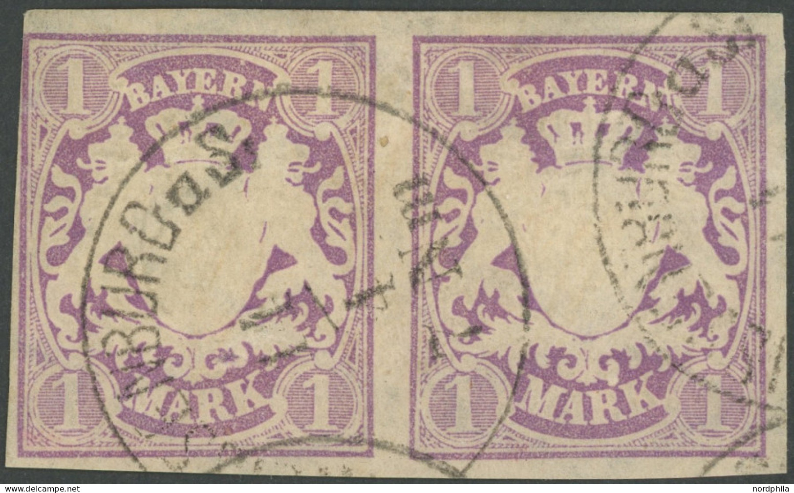 BAYERN 30a Paar O, 1874, 1 M. Violett Im Waagerechten Paar, Linke Marke Links Oben Lupenrandig Sonst Vollrandig Pracht,  - Oblitérés