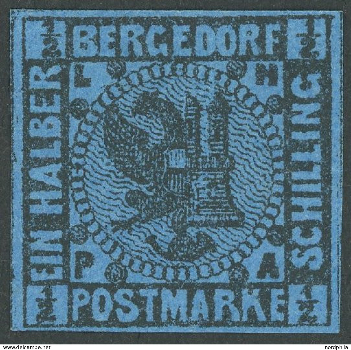 BERGEDORF 1b , 1867, 1/2 S. Schwarz Auf Blau, Falzrest, Pracht, Signiert, Mi. 160.- - Bergedorf