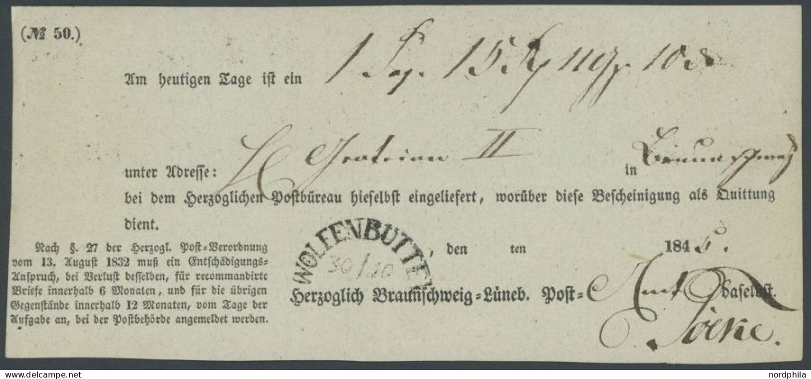 BRAUNSCHWEIG WOLFENBÜTTEL, Halbkreisstempel Auf Postschein (1845), Herzoglich Braunschweig Lüneb. Post, Pracht - Préphilatélie