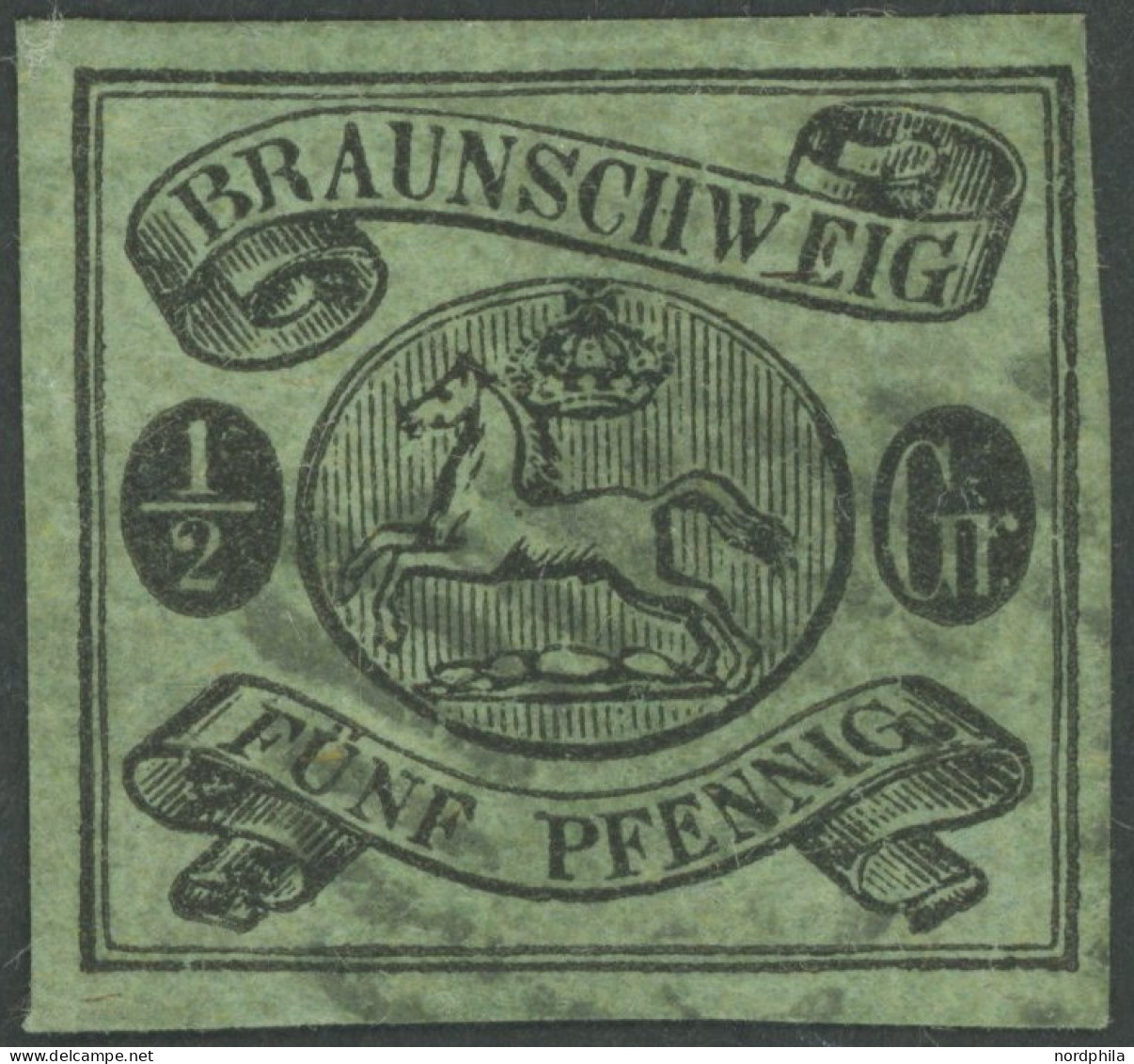 BRAUNSCHWEIG 10A O, 1863, 1/2 Gr. Schwarz Auf Lebhaftgraugrün, Pracht, Signiert H. Krause, Mi. 300.- - Brunswick