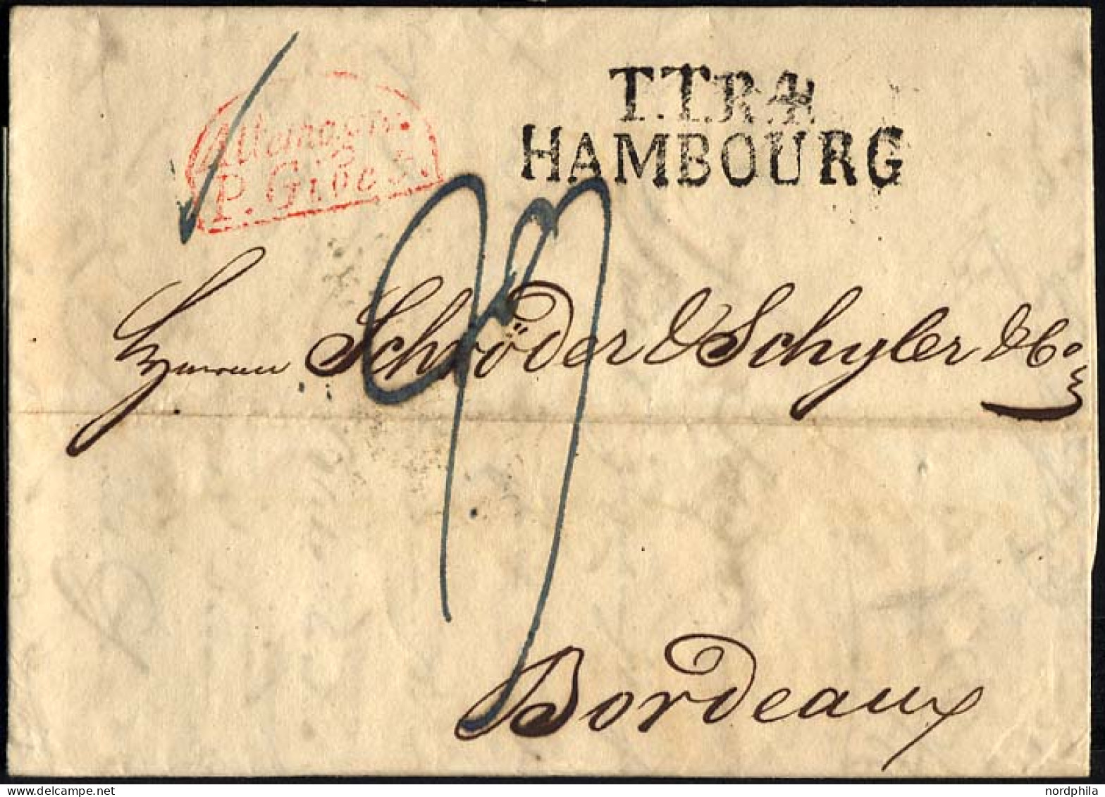 HAMBURG - THURN UND TAXISCHES O.P.A. 1829, TT.R.4. HAMBOURG, L2 Auf Brief Nach Bordeaux, Roter Segmentstempel ALLEMAGNE  - Precursores