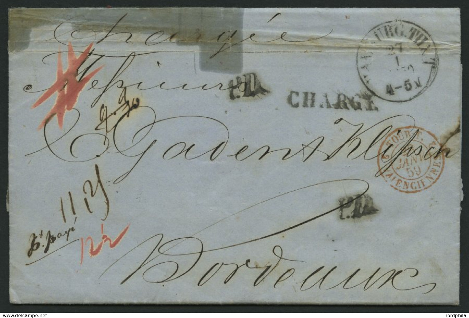 HAMBURG - THURN UND TAXISCHES O.P.A. 1859, HAMBURG T & T, K1 Auf Chargé-Brief Nach Bordeaux, 2x L1 CHARGÉ Und P.O., Fein - [Voorlopers