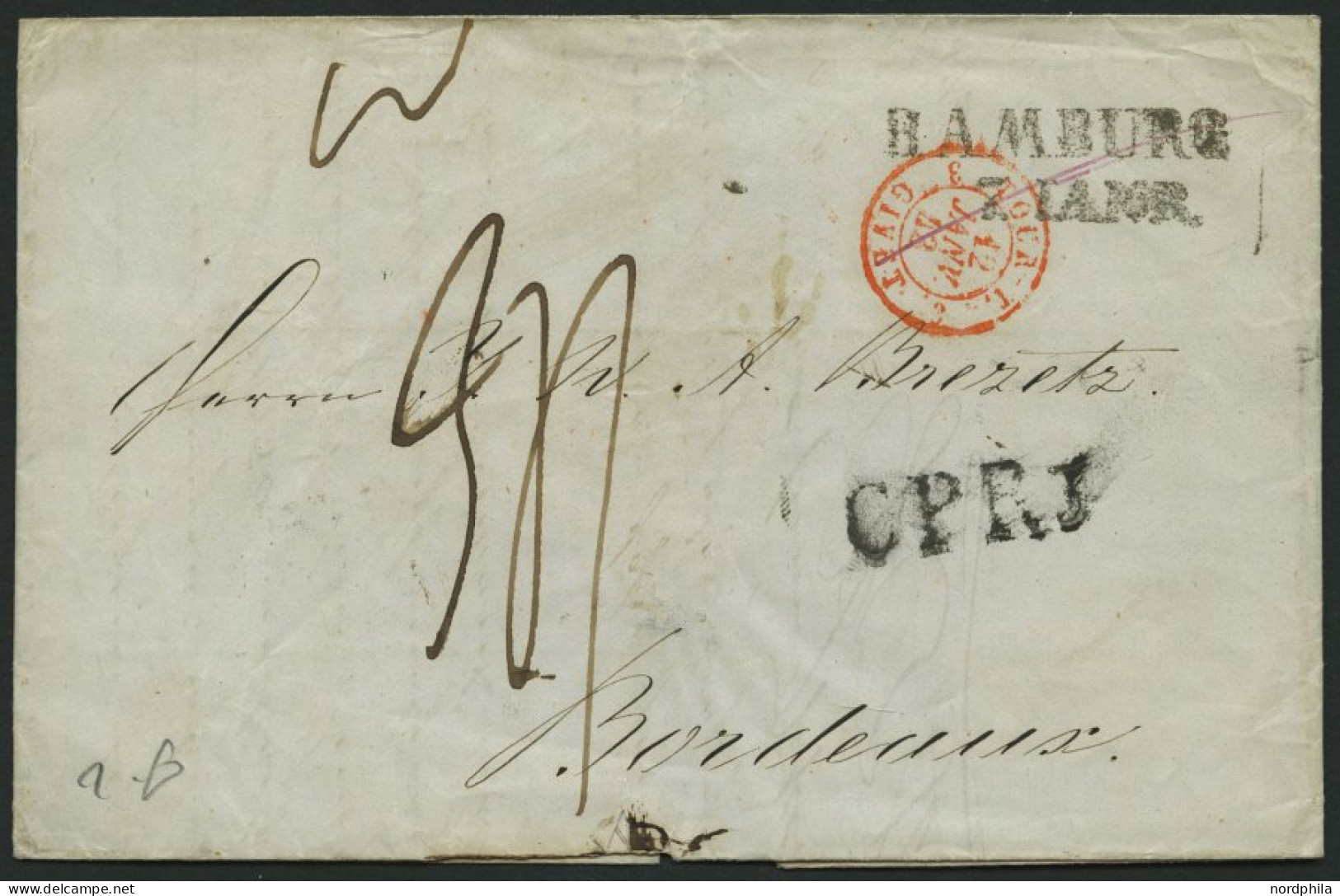 HAMBURG - GRENZÜBERGANGSSTEMPEL 1843, C P R 3, L1 Auf Brief Von Hamburg (L2) Nach Bordeaux, Pracht - Préphilatélie