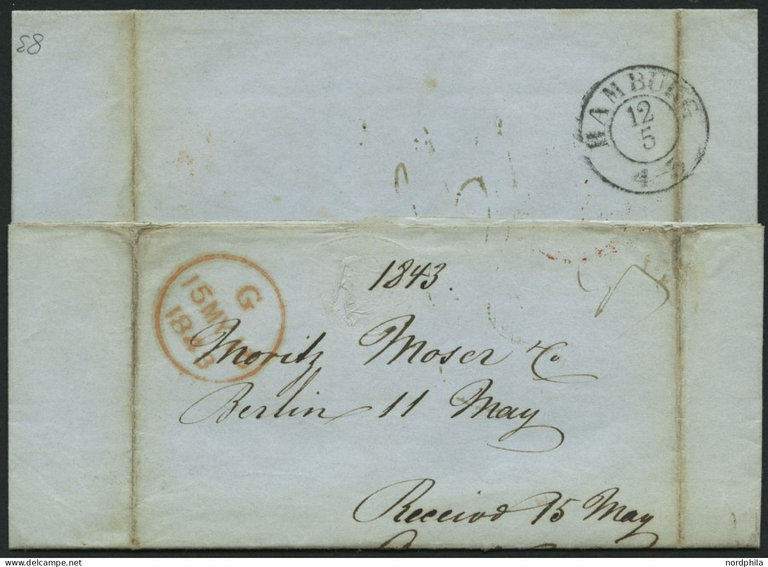 HAMBURG - GRENZÜBERGANGSSTEMPEL 1843, T 12 MAY, In Rot Auf Brief Von Berlin Nach London, Feinst (Registraturbug) - Prephilately