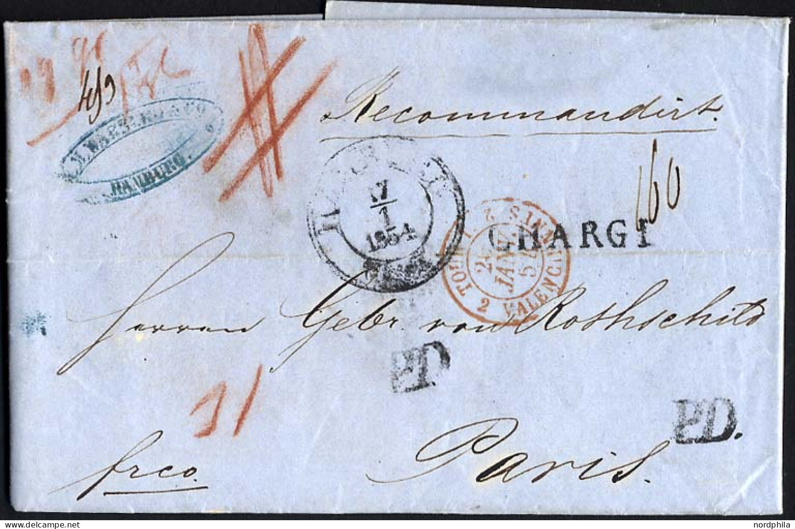 HAMBURG - GRENZÜBERGANGSSTEMPEL 1854, CHARGÉ, Schwarzer L1 Und 2x P.D. Auf Recommandirt-Brief Von Hamburg Th&T (K2) Nach - Vorphilatelie