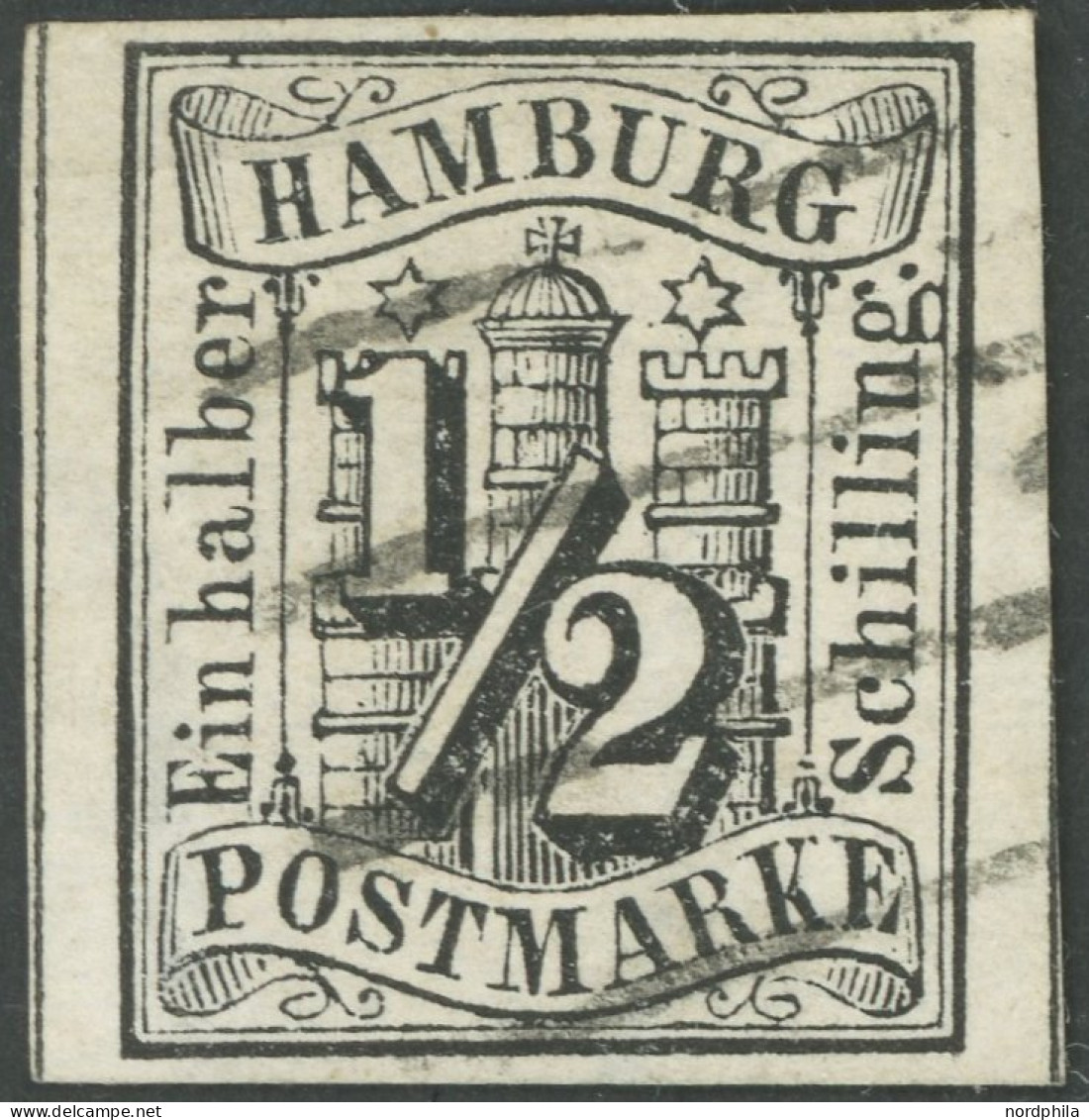 HAMBURG 1 O, 1859, 1/2 S. Schwarz, Breitrandig, Pracht, Fotoattest Pfenninger/Brettl/Schmitt, Mi. 750.- - Hamburg