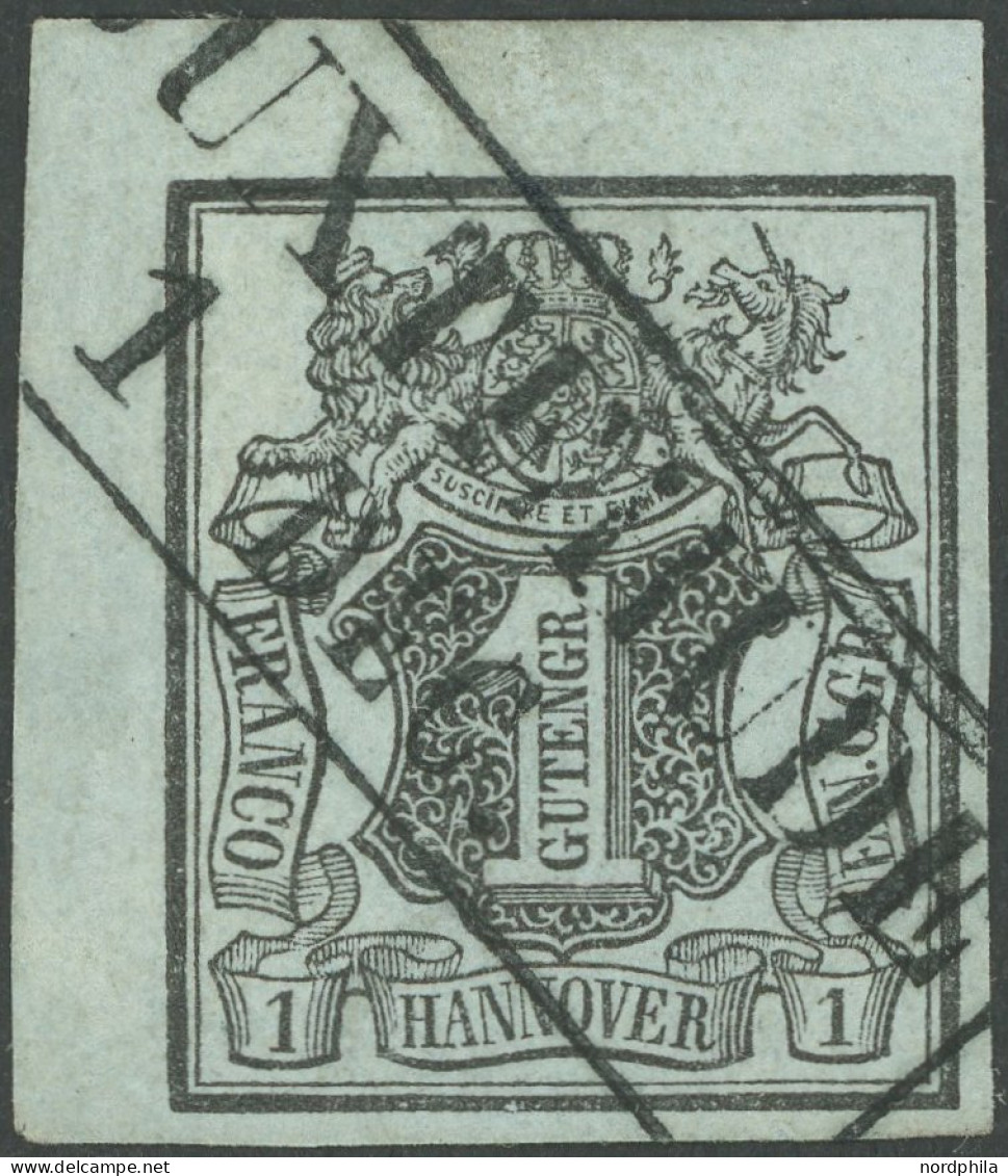 HANNOVER 1 O, 1850, 1 Ggr. Schwarz Auf Graublau, Obere Linke Bogenecke, Diagonaler R2 BUXTEHUDE, Kabinett - Hanovre