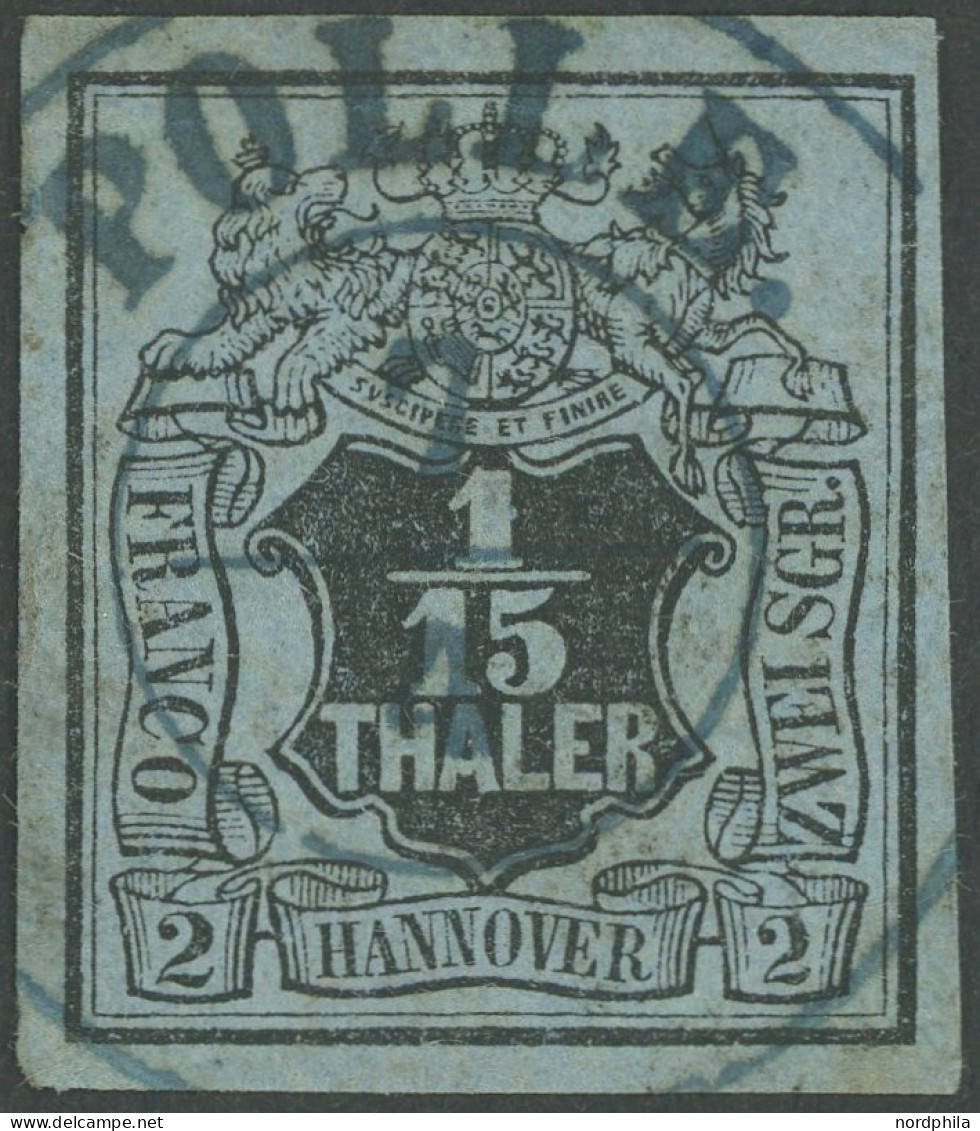 HANNOVER 4 O, 1851, 1/15 Th. Schwarz Auf Graublau, Zentrischer Blauer K2 POLLE, Pracht, Mi. (100.-) - Hanovre