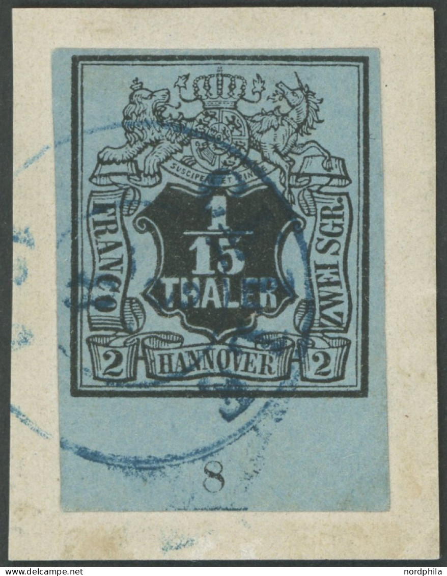 HANNOVER 4 BrfStk, 1851, 1/15 Th. Schwarz Auf Graublau, Unterrandstück Mit Reihenzähler 8, Blauer K2 CELLE, Prachtbriefs - Hannover