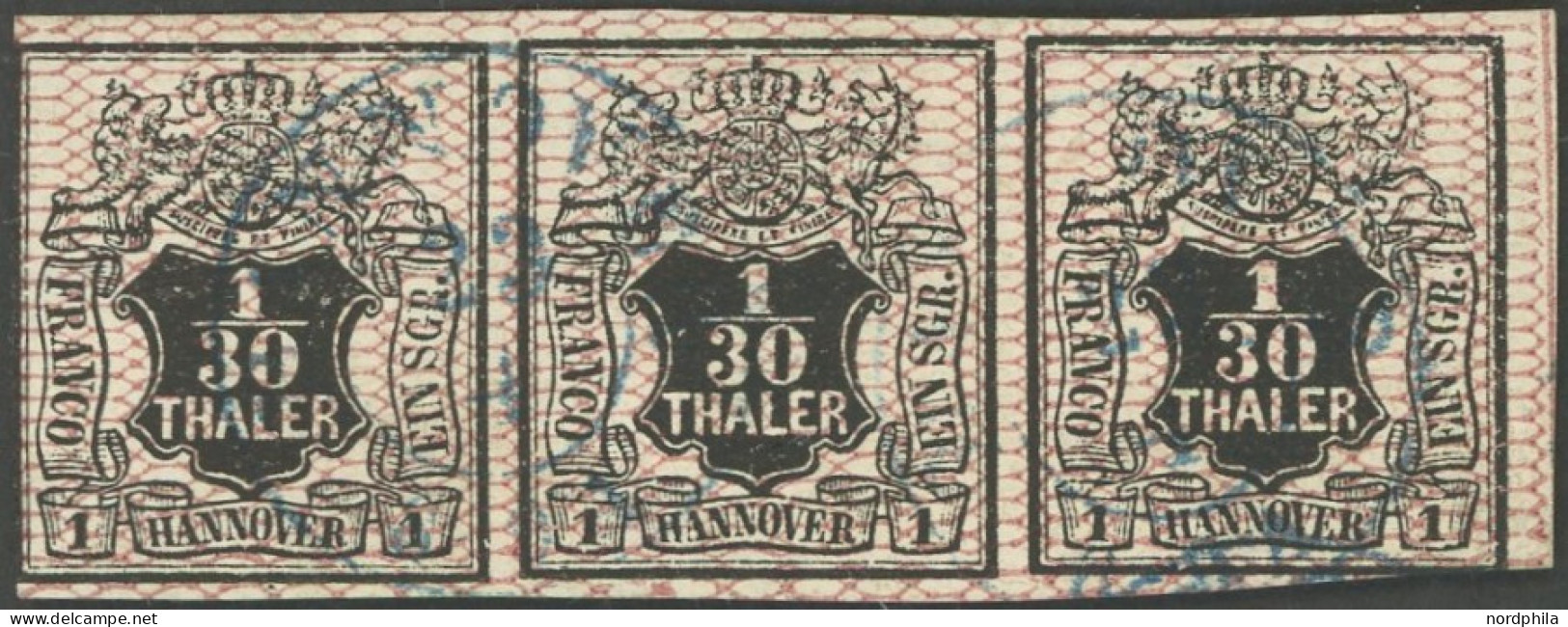 HANNOVER 10a O, 1856, 1/30 Th. Schwarz/rosa Im Waagerechten Dreierstreifen, Feinst (leichte Mängel), Fotobefund Berger,  - Hannover