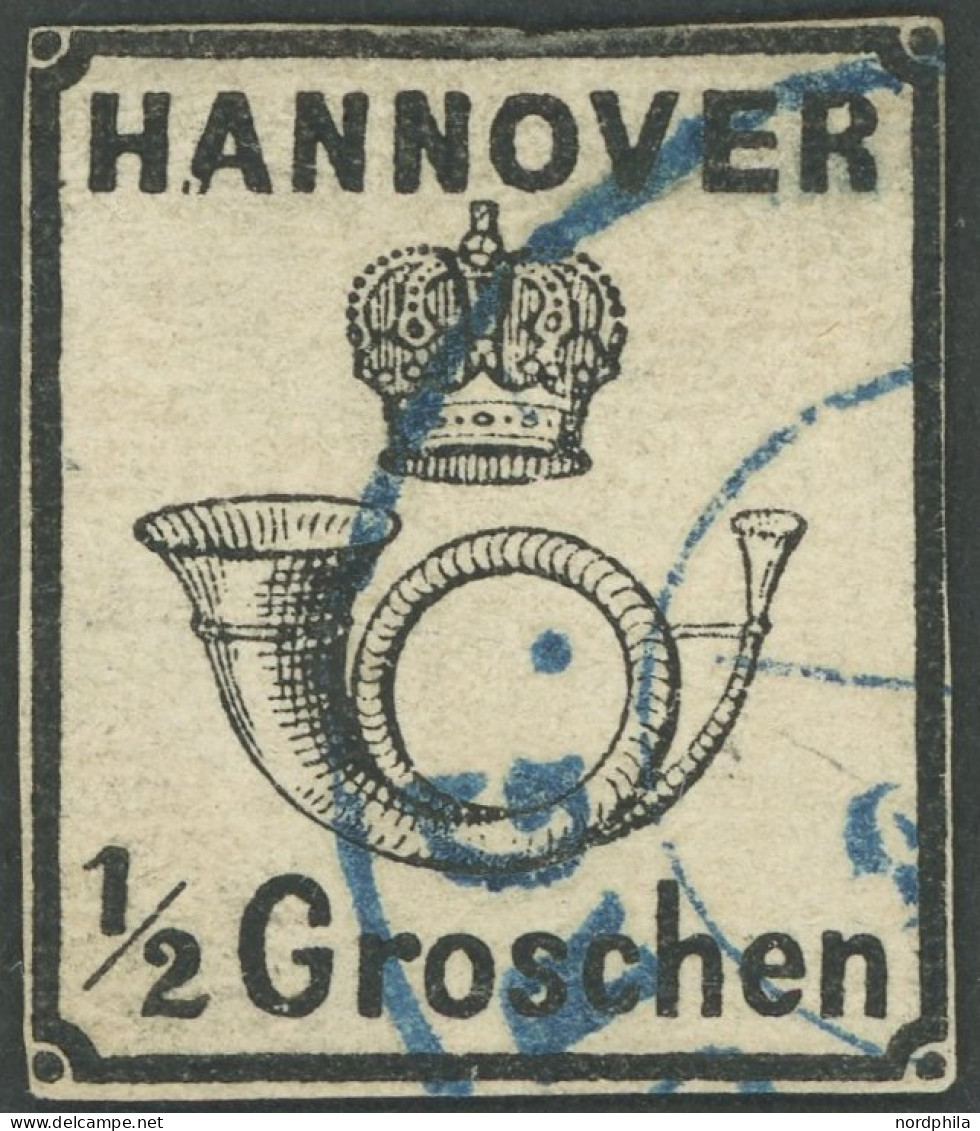 HANNOVER 17y O, 1860, 1/2 Gr. Schwarz, Blauer L3 HARBURG, Schmalrandig-leicht Berührt, Fotoattest Berger - Hanover
