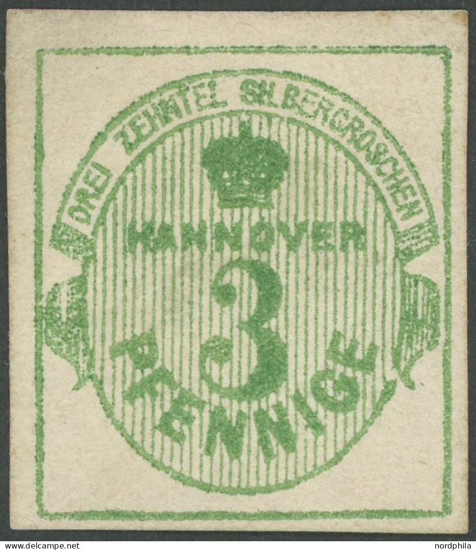 HANNOVER 20 , 1863, 3 Pf. Olivgrün, Ohne Gummi, Pracht, Gepr. Grobe, Mi. 200.- - Hannover