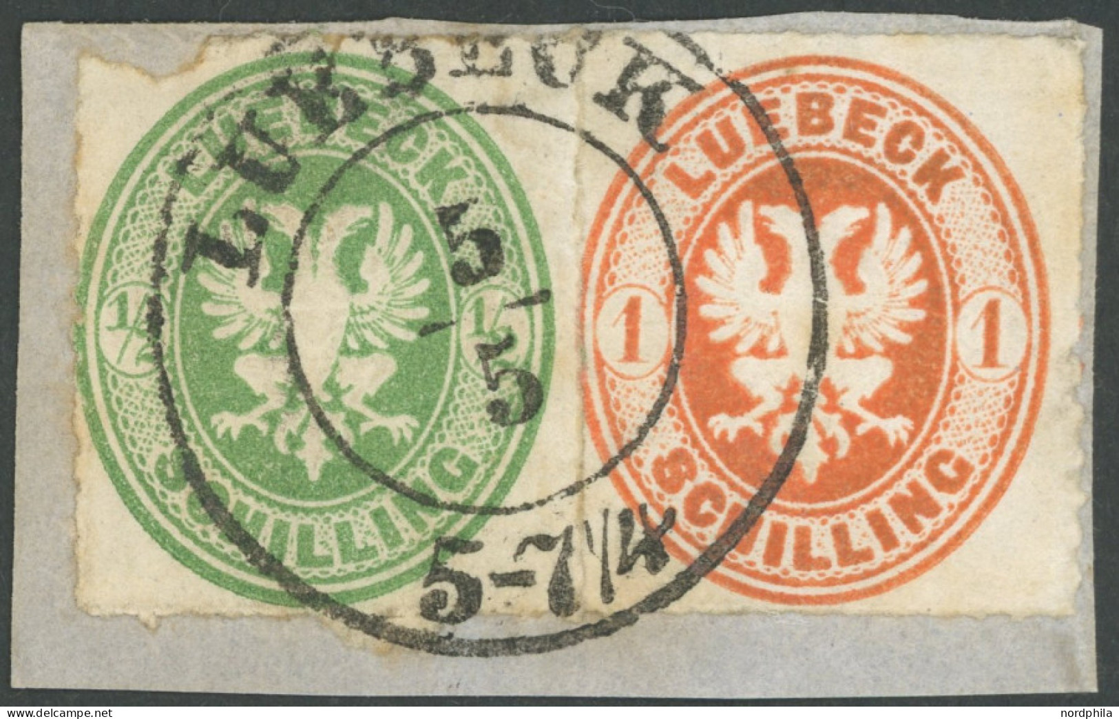 LÜBECK 8/9A BrfStk, 1863, 1/2 S. Dunkelgelblichgrün Und 1 S. Rötlichorange, Durchstochen 11 3/4, Auf Briefstück, 1/2 S.  - Lubeck