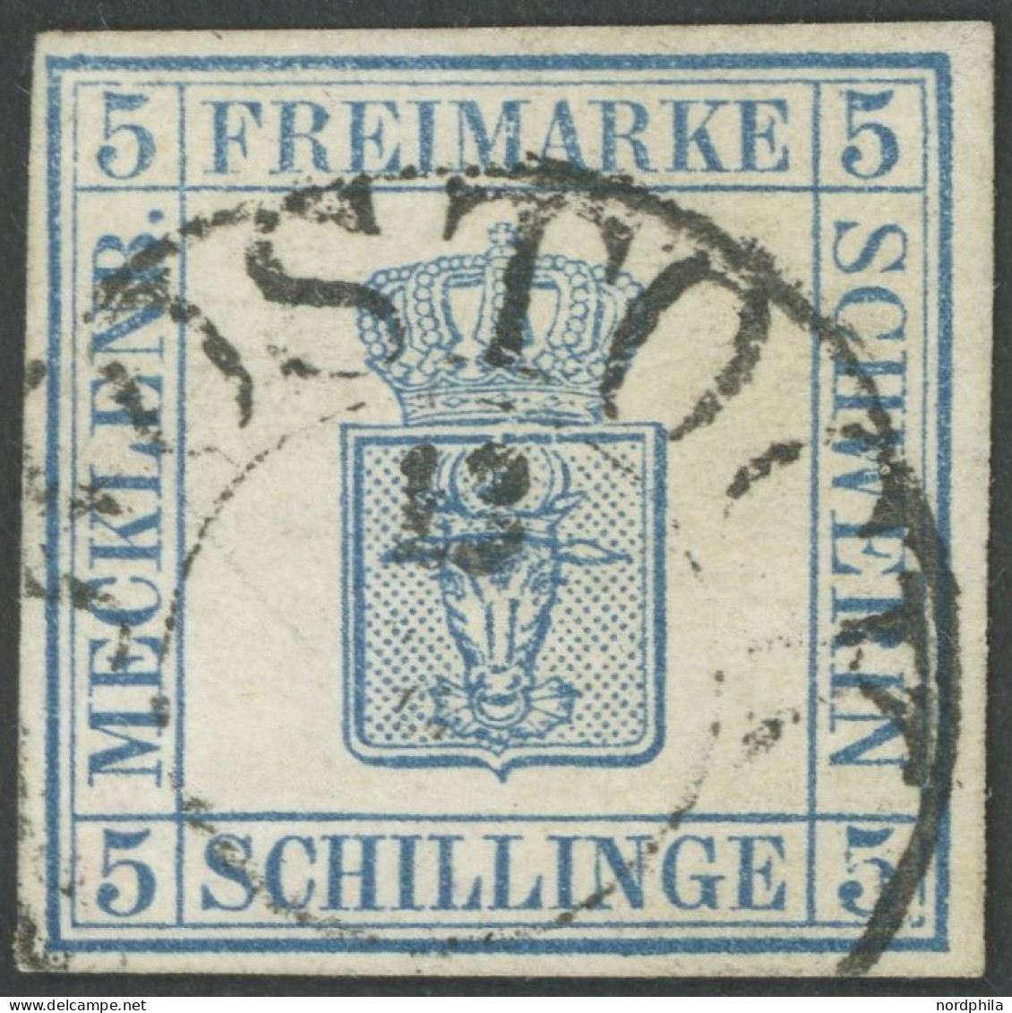 MECKLENBURG SCHWERIN 3 O, 1856, 5 S. Blau, K2 ROSTOCK, Pracht, Gepr. U.a. Pfenninger, Mi. 400.- - Mecklenburg-Schwerin