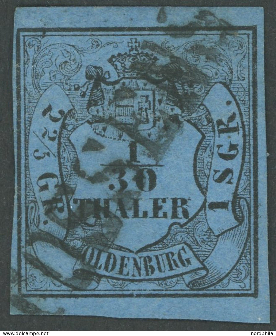 OLDENBURG 2IV O, 1852, 1/30 Th. Schwarz Auf Lebhaftgrauultramarin, Type IV, Diagonaler L1 TOSSENS, Dünne Stellen, Bildse - Oldenbourg