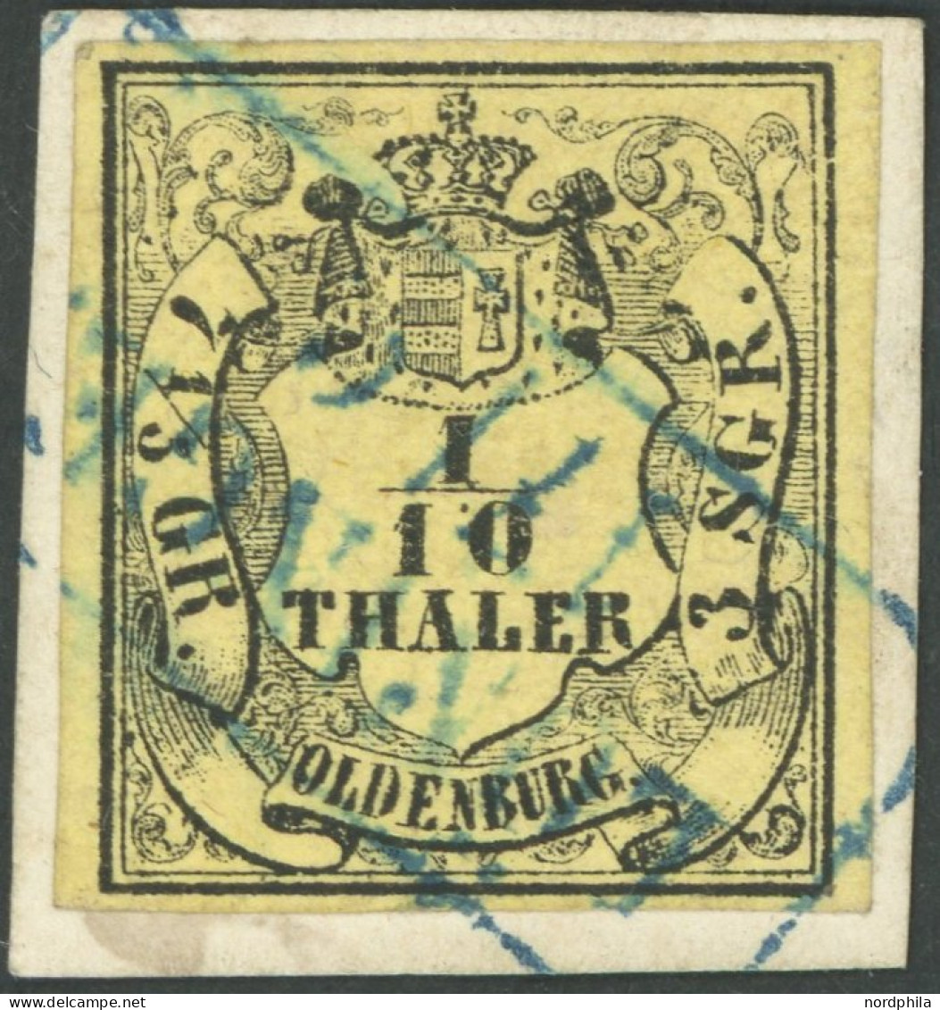 OLDENBURG 4a BrfStk, 1859, 1/10 Th. Schwarz Auf Hellgelb, Blauer R2 LÖNINGEN, Prachtbriefstück, Gepr. Pfenninger - Oldenburg