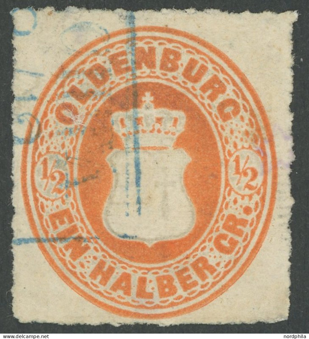 OLDENBURG 16Aa O, 1862, 1/2 Gr. Orange, Durchstich 11 3/4, Pracht, Gepr. Pfenninger, Mi. 140.- - Oldenburg