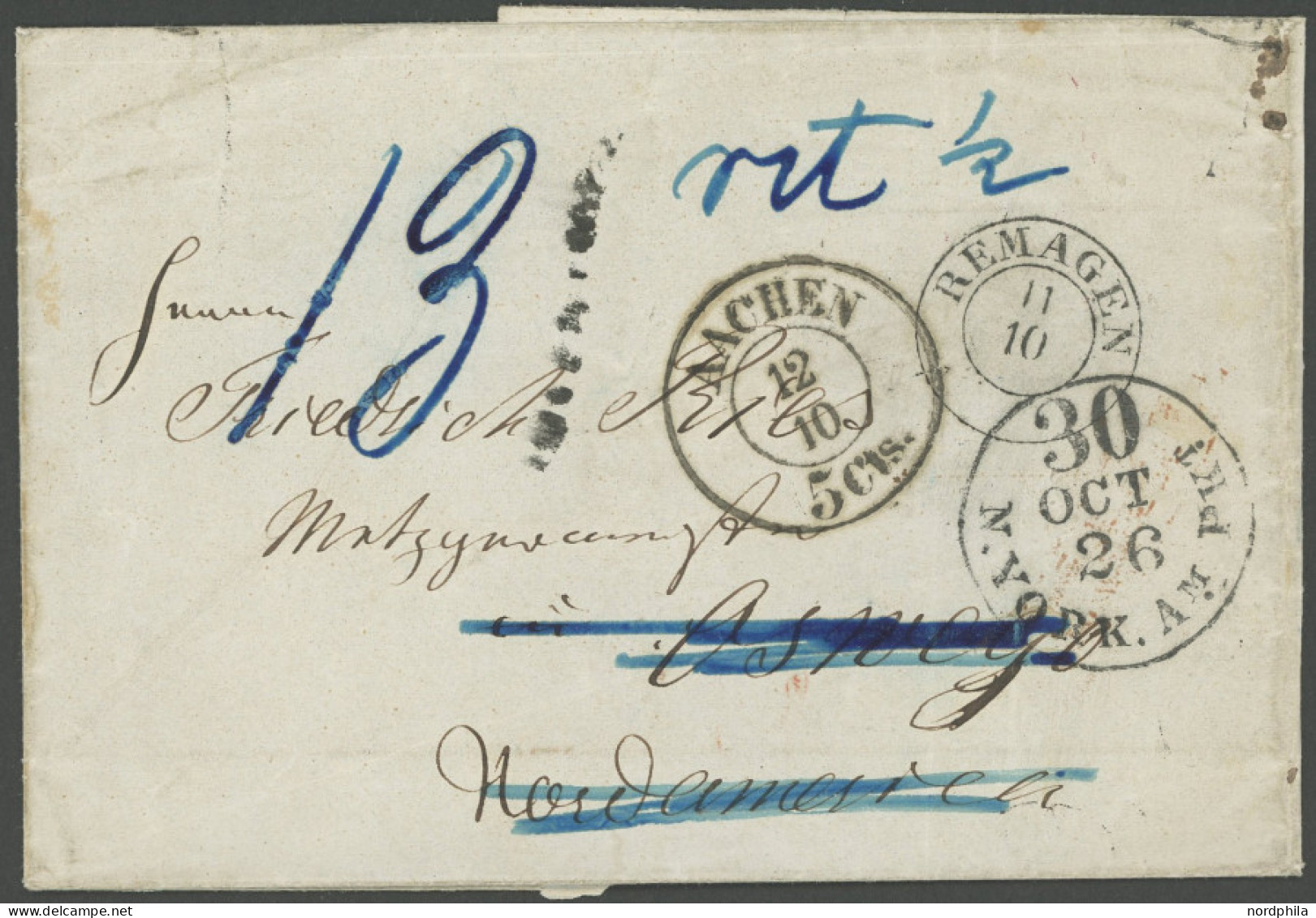 PREUSSEN REMAGEN, K2 Auf Brief Nach Nordamerika Mit U.a. Nebenstempel AACHEN 5 Cts Und N. YORK AM. PKT 30, Rückseitig U. - Prephilately