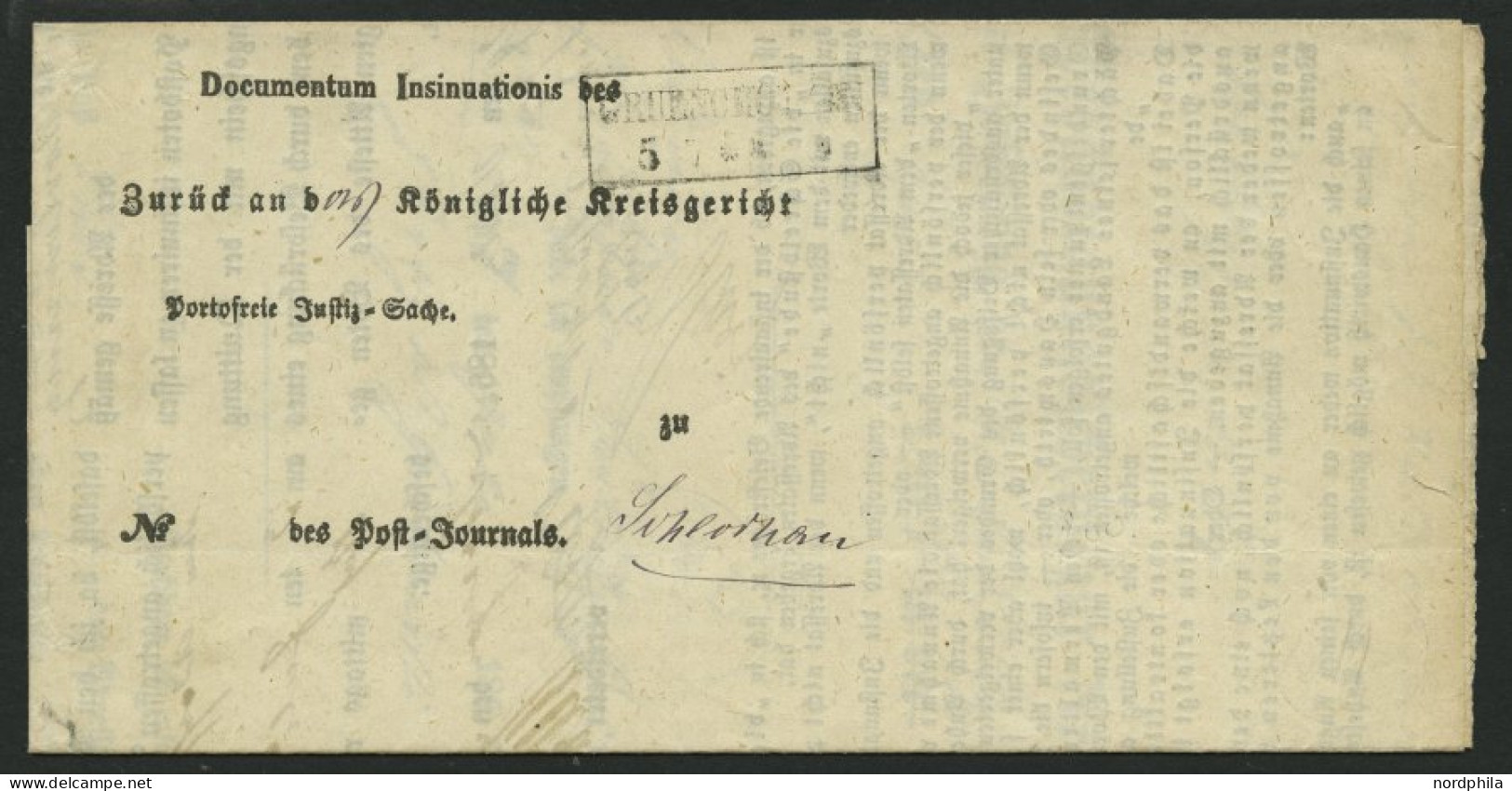 PREUSSEN GRUENCHOTZEN, R2 Auf Postbehändigungsschein (1865), Innen Mit Krone-Posthornstempel, Pracht - Andere & Zonder Classificatie