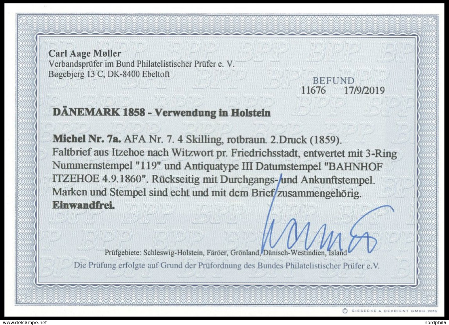 SCHLESWIG-HOLSTEIN DK 7a BRIEF, 119 (BAHNHOF ITZEHOE) Auf 4 S. Orangebraun Liniert, Prachtbrief Nach Witzwort, Fotobefun - Schleswig-Holstein