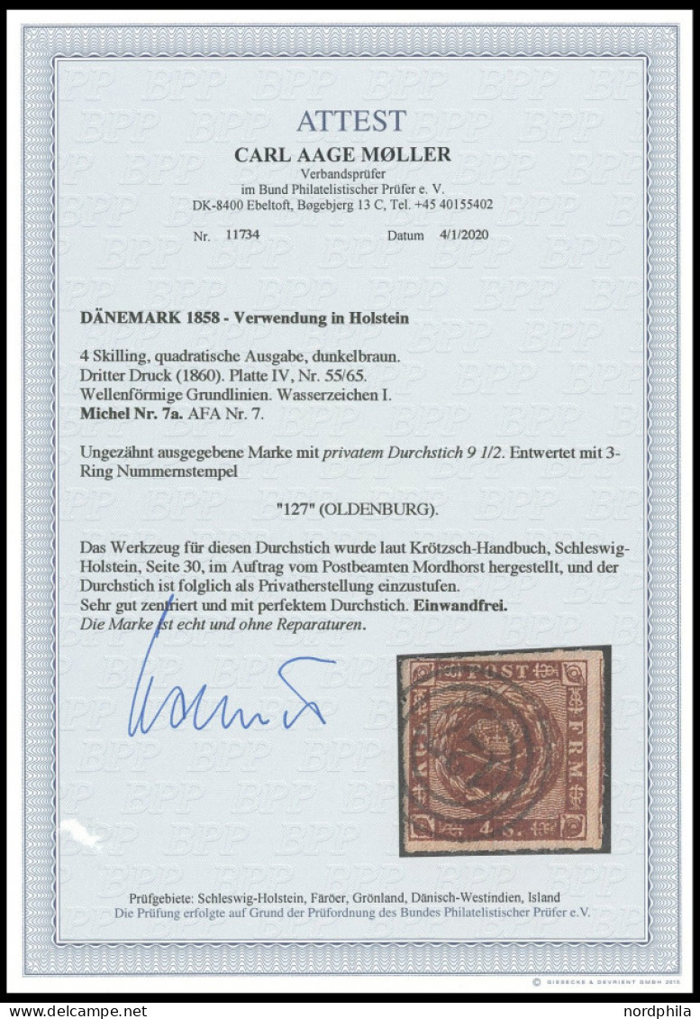 SCHLESWIG-HOLSTEIN DK 7a O, 127 (OLDENBURG) Auf 4 S. Liniert Mit Privatem Durchstich 91/2, Kabinett, R!, Fotoattest C.A. - Schleswig-Holstein