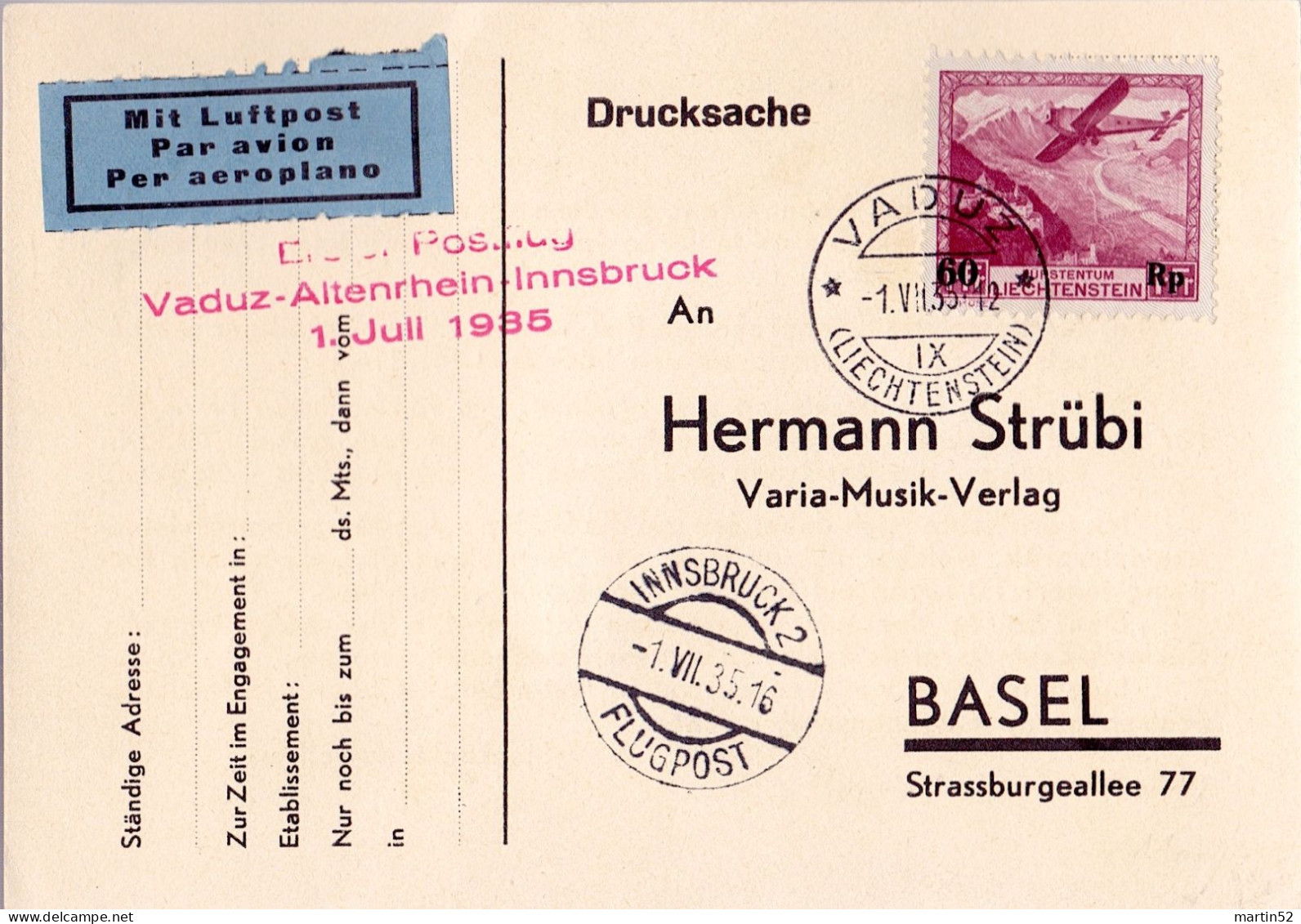 Liechtenstein 1935: Erstflug Vaduz-Altenrhein-Innsbruck Mit Zu F16 Mi 148 Yv PA14 Mit O VADUZ 1.VII.35 (Zu CHF 100.00) - Poste Aérienne