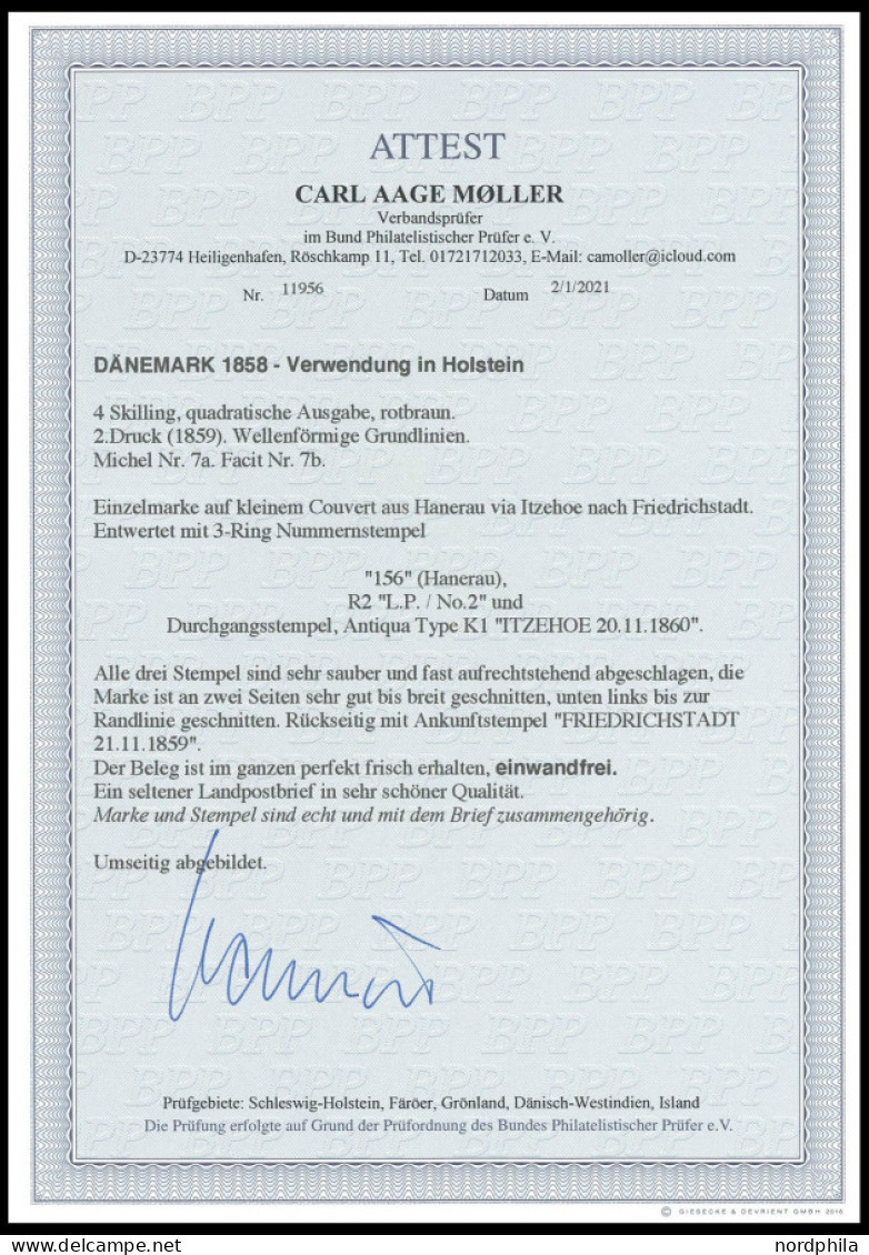 SCHLESWIG-HOLSTEIN DK 7b BRIEF, 156 (HANERAU) Mit Nebenstempel L.P. Nr. 2 Auf Brief Mit 4 S. Braun Liniert Nach Friedric - Schleswig-Holstein
