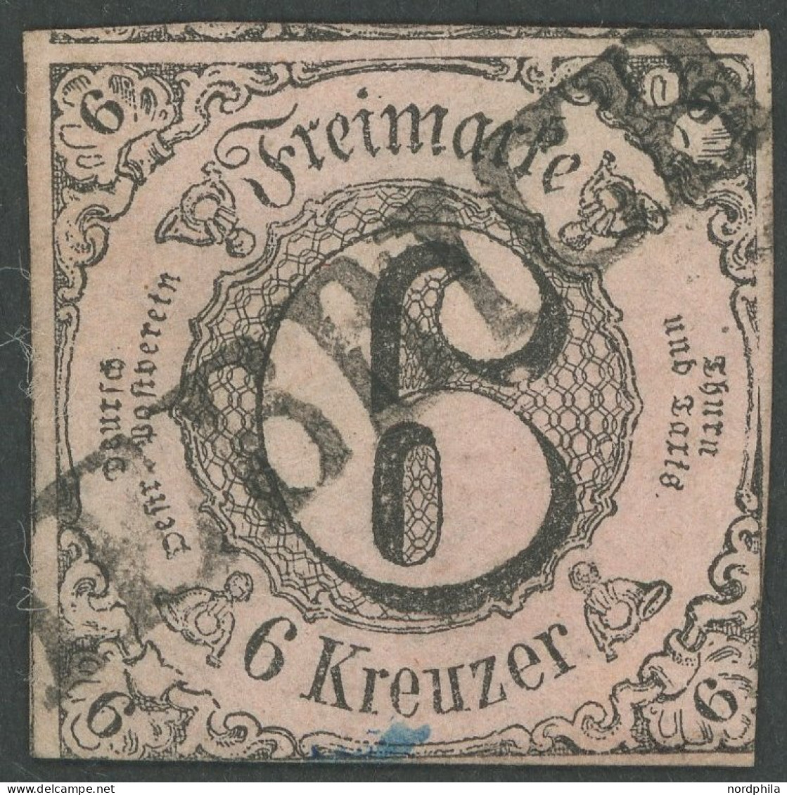 THURN Und TAXIS 9a O, 1852, 6 Kr. Schwarz Auf Graurot, Diagonaler L1 BIEBRICH, Zweiseitig Berührt, Feinst - Sonstige & Ohne Zuordnung