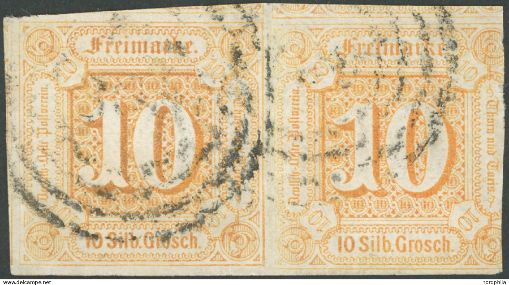 THURN Und TAXIS 19 Paar O, 1859, 10 Gr. Orange Im Waagerechten Paar, Nummernstempel 300, Linke Marke Allseits Riesenrand - Other & Unclassified