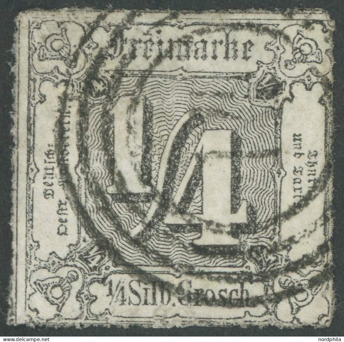 THURN Und TAXIS 35 O, 1865, 1/4 Sgr. Schwarz, Nummernstempel 14, Feinst (rückseitige Mängel), Gepr. Pfenninger, Mi. 500. - Autres & Non Classés