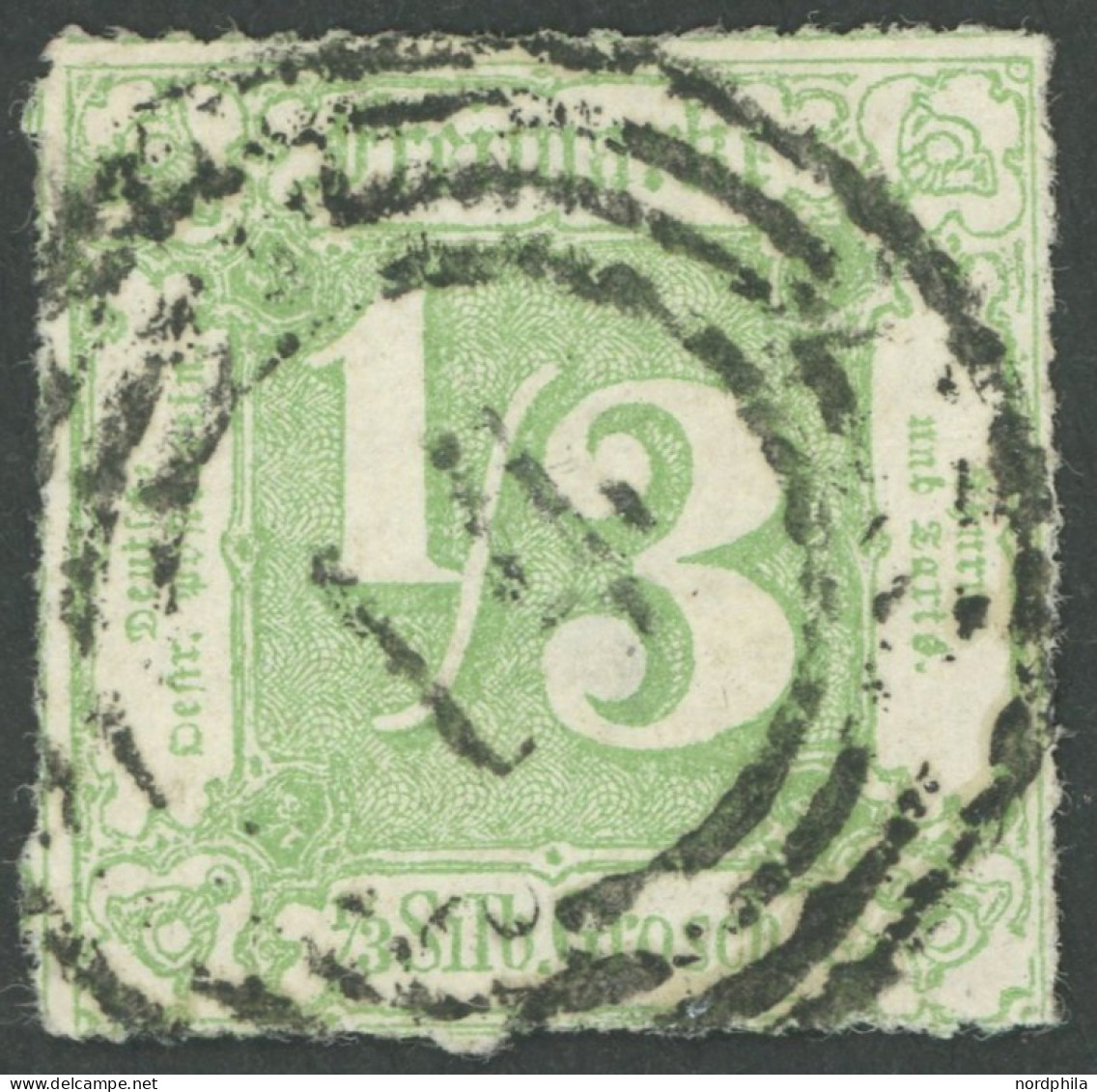 THURN Und TAXIS 36 O, 1865, 1/3 Sgr. Dunkelgelblichgrün, Zentrischer Nummernstempel 14 (CASSEL), Kleine Rückseitige Schü - Otros & Sin Clasificación