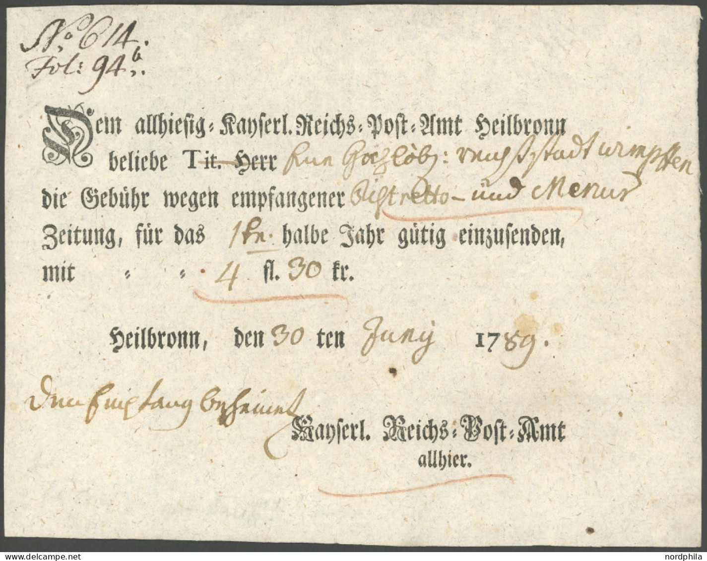 WÜRTTEMBERG 1789, HEILBRONN, Ortsdruck Auf Postschein, Pracht - Precursores