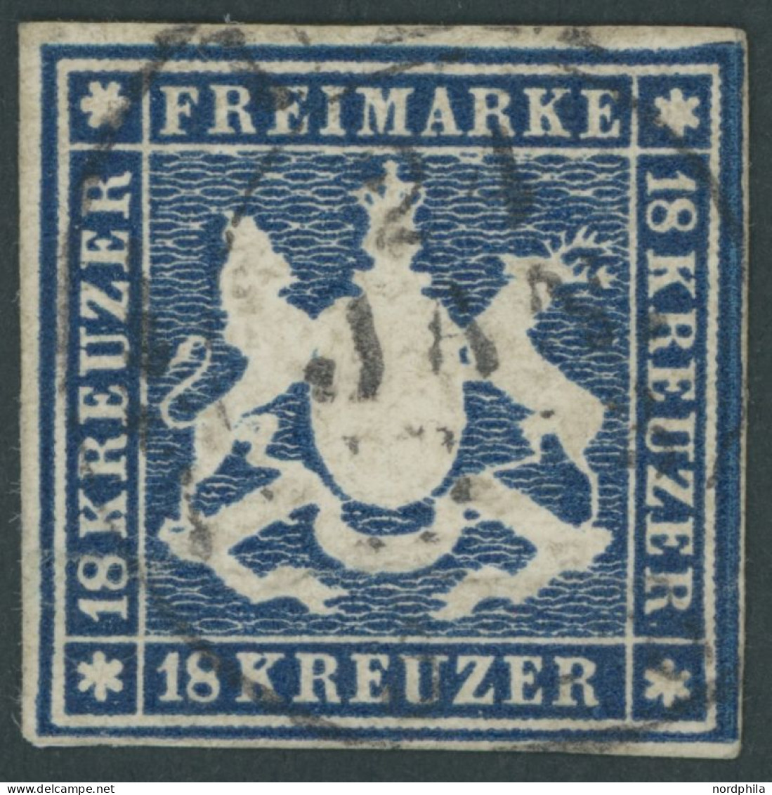 WÜRTTEMBERG 15 O, 1859, 18 Kr. Blau, Rechtes Randstück, Waagerechter Bug Und Rückseitige Mängel, Sonst Farbfrisches Voll - Sonstige & Ohne Zuordnung