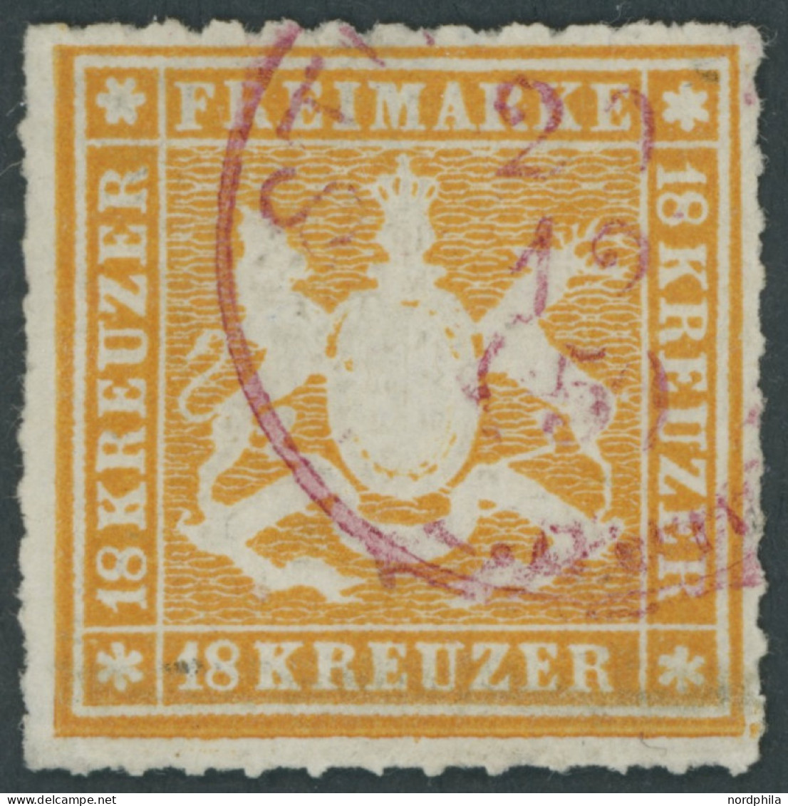 WÜRTTEMBERG 34 O, 1867, 18 Kr. Orangegelb Mit Rotem Stempel STUTTGART, Feinst, Gepr. Thoma, Mi. 1000.- - Other & Unclassified