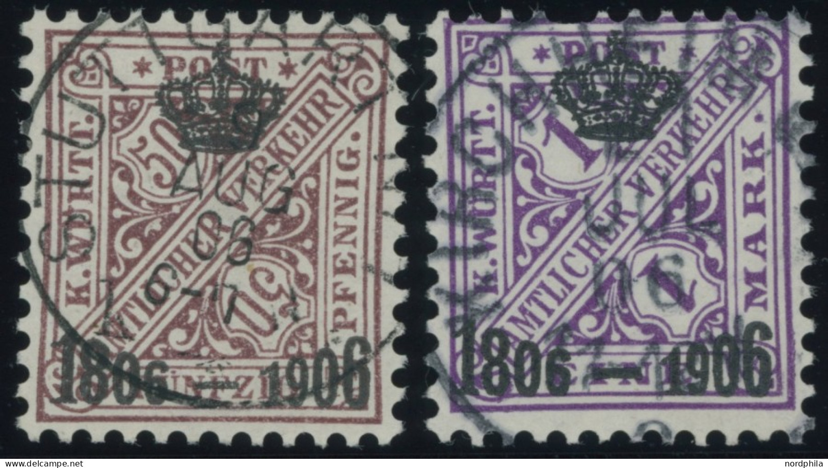 WÜRTTEMBERG 225/6 O, 1906, 25 Pf. Und 1 M. 100 Jahre Königreich, 2 Prachtwerte, Mi. 175.- - Autres & Non Classés