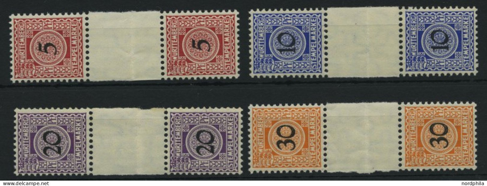 WÜRTTEMBERG ZS , 1911, 5,10,20 Und 30 Pf. Stempelmarken, Wz. Kreuze Und Ringe, Je Im Senkrechten Zwischenstegpaar, Steg  - Otros & Sin Clasificación