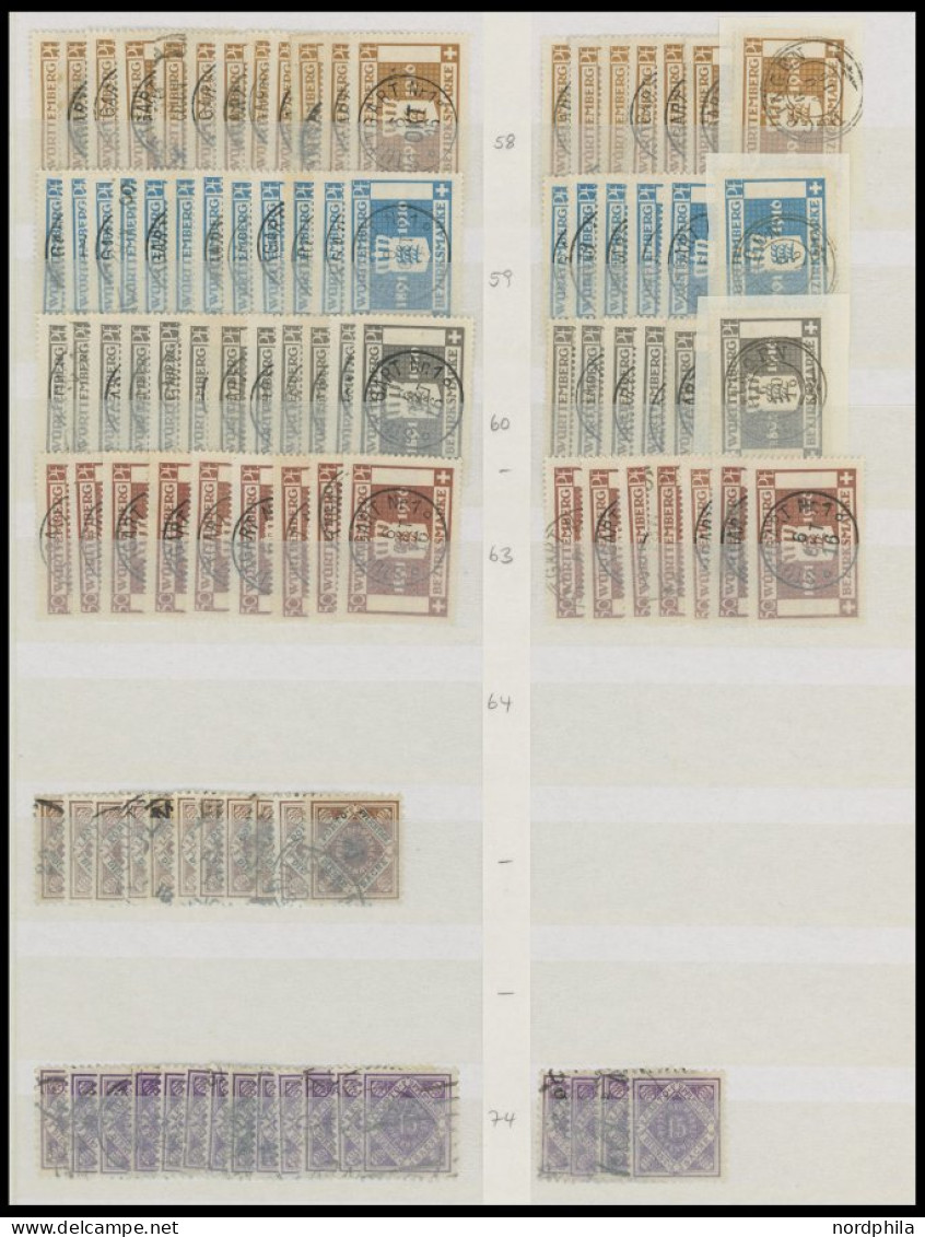 WÜRTTEMBERG 101-188 o,BrfStk , 1875-1923, Dienstmarken I, gut sortierte reichhaltige Dublettenpartie von über 1200 Werte